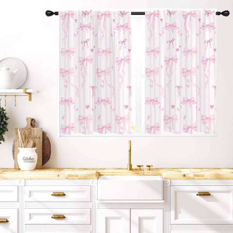 Coxila Pink Bow Kitchen Window Curtains 27.5 x 39 Inch Small Short Mini Cafe Rod Pocket Cute Kids Girls White Kawaii Pastel Fun Living Bedroom Room Home Treatment Set of 2 Curtain Panels Drapes Tiers - Image 1